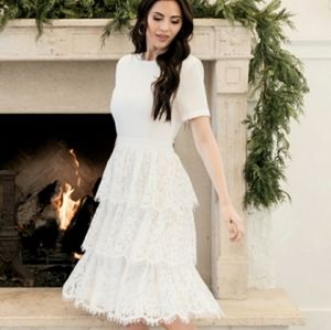 Rachel Parcell White Mix Lace Tiered Ruffle Midi Dress